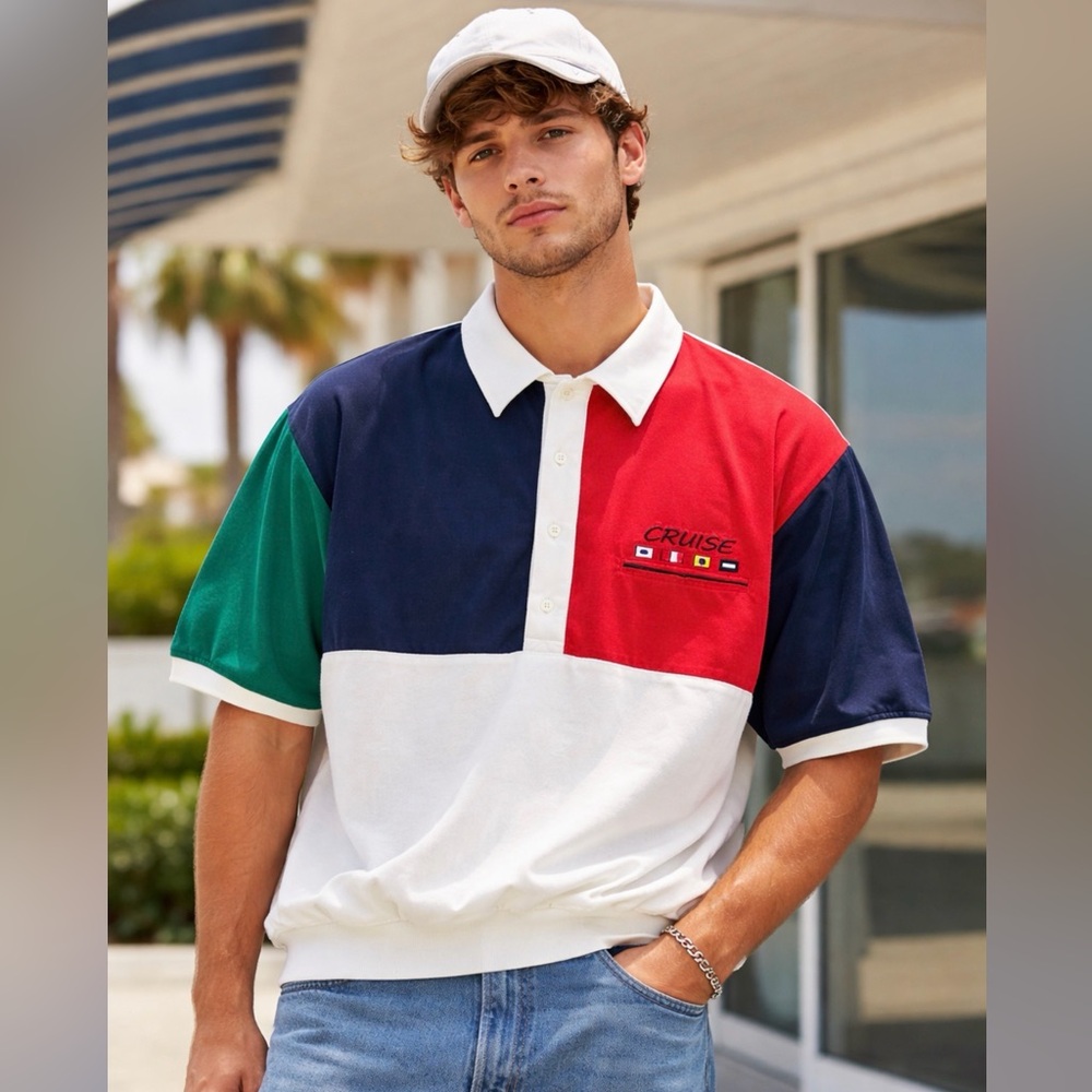 VTG Alan Sport Mens L Fitted Waist Saling Polo Shirt Red/Wht/Blue Single Pocket